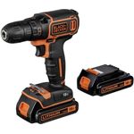 Black+Decker Akku-Bohrschrauber (mit Planetengetriebe, 18V 1,5Ah, inklusive 2 Akkus und Ladegerät im Koffer, 1 Doppelbit, Anti-Rutsch-Softgriff, LED-Arbeitslicht) BDCDC18KB