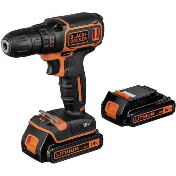 Black+Decker Akku-Bohrschrauber (mit Planetengetriebe, 18V 1,5Ah, inklusive 2 Akkus und Ladegerät im Koffer, 1 Doppelbit, Anti-Rutsch-Softgriff, LED-Arbeitslicht) BDCDC18KB