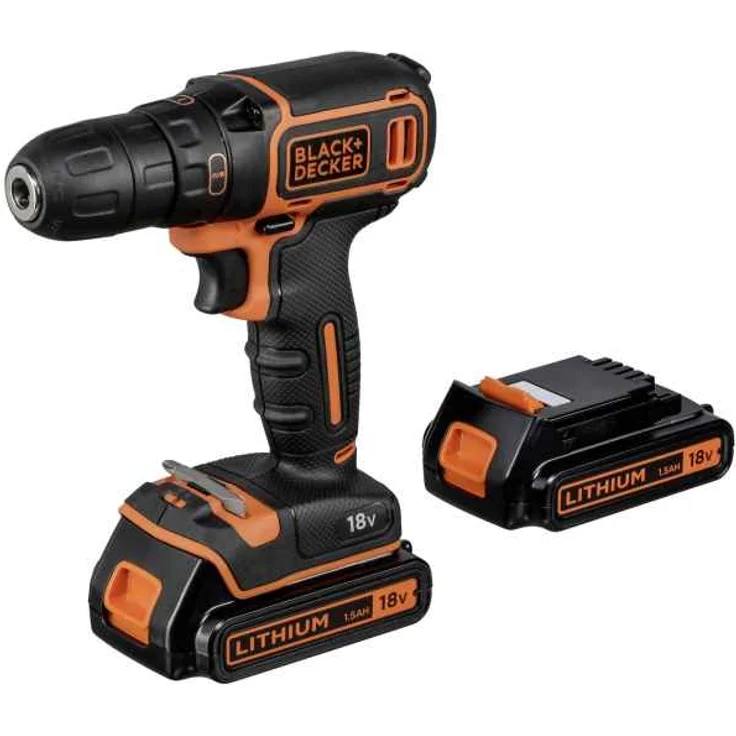 Black+Decker Akku-Bohrschrauber (mit Planetengetriebe, 18V 1,5Ah, inklusive 2 Akkus und Ladegerät im Koffer, 1 Doppelbit, Anti-Rutsch-Softgriff, LED-Arbeitslicht) BDCDC18KB – Bild 1