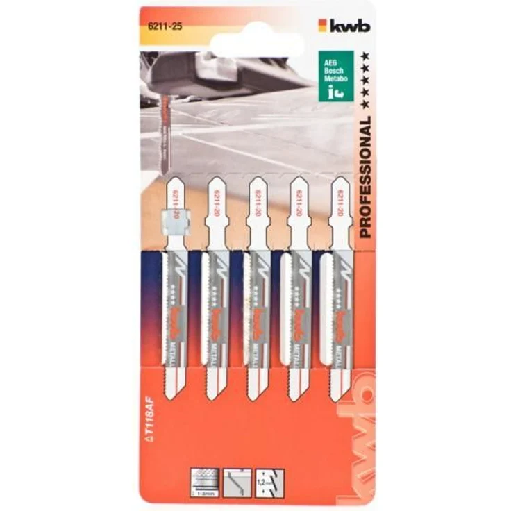 kwb 5 x Stichsägeblätter Profi-Pack für Metall 621125 (fein, Bi-Metall, Einnockenschaft, T118AF) u. a. für Einhell RT-JS 85