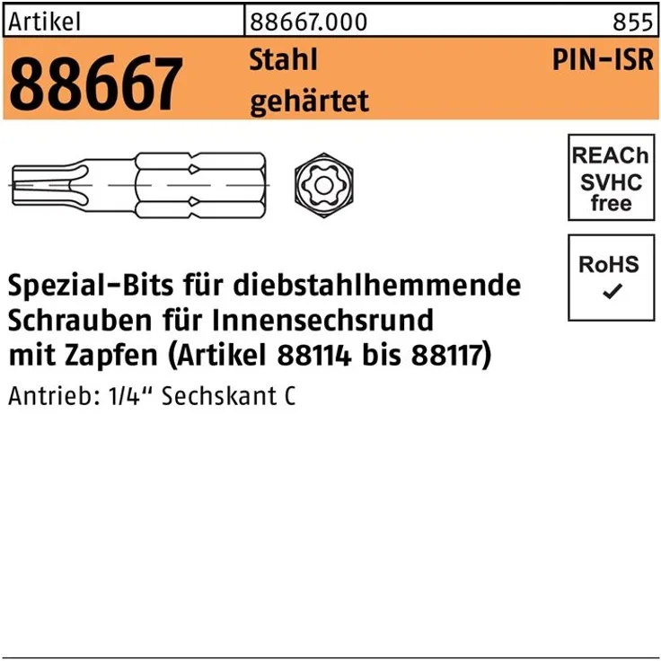 Reyher Bit R 88667 Innensechsrund m.Zapfen T 27 Stahl gehärtet