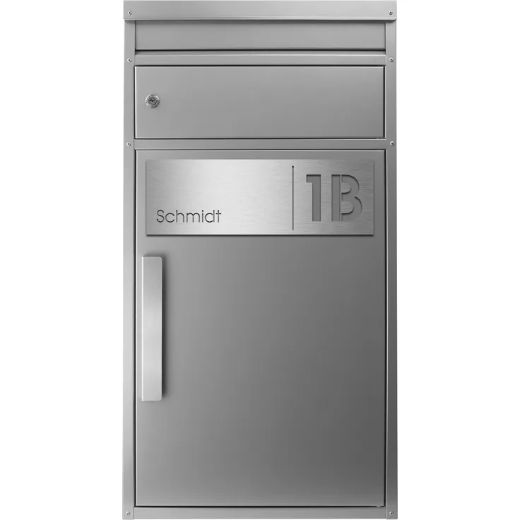 Safepost Paketbriefkasten SafePost 65MS mit Name und Hausnummer graviert V4A-Edelstahl/silber RAL 9006 Design-Paketkasten modern