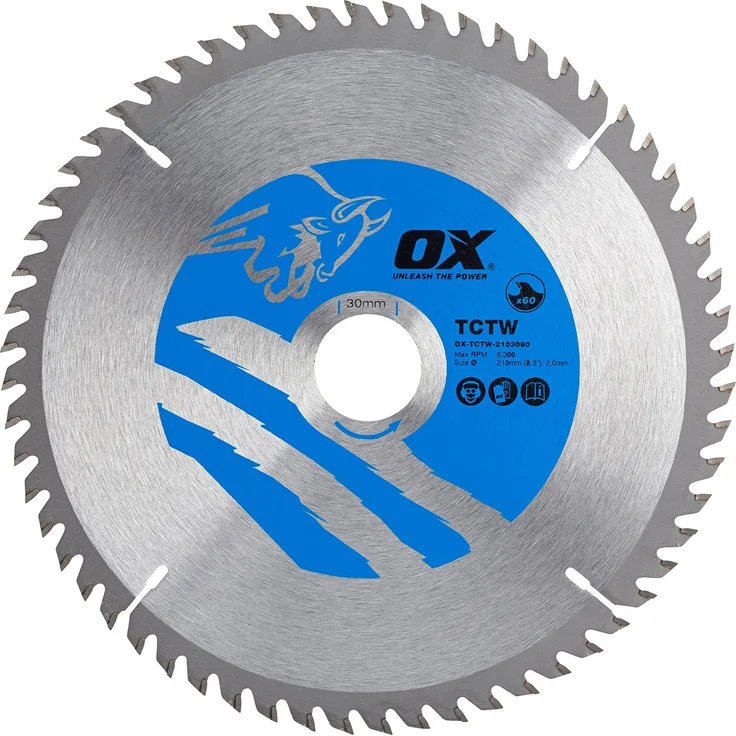 OX OX-TCTW-2103060 Wood Cutting Circular 210-30mm, 60 Teeth ATB Saw Blade, Silver-Blue, 210-30 mm