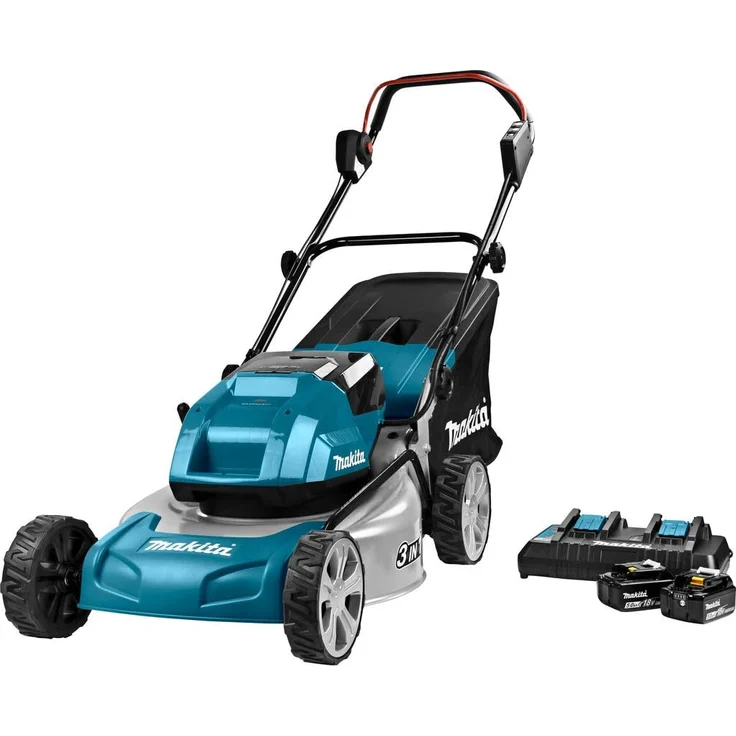 Makita DLM460PT2 Akku-Rasenmäher 2x18 V - 5,0 Ah, 2 Akkus + Doppelladegerät, 18 V, Schwarz, Blau, Grau, 46 cm Schnittbreite – Bild 5