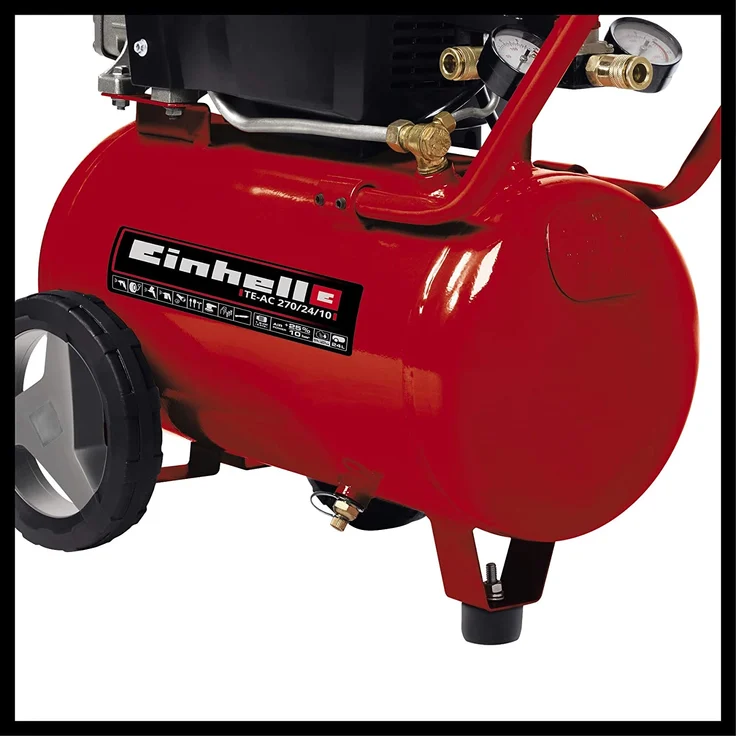 Einhell Kompressor TE-AC 270-24-10 1.800 W, max. 10 bar, inkl. Druckminderer, 24 l-Tank, 2 Manometer und 2 Schnellkupplungen, vibrationsgedämpfter Standfuß, Haltebügel – Bild 7