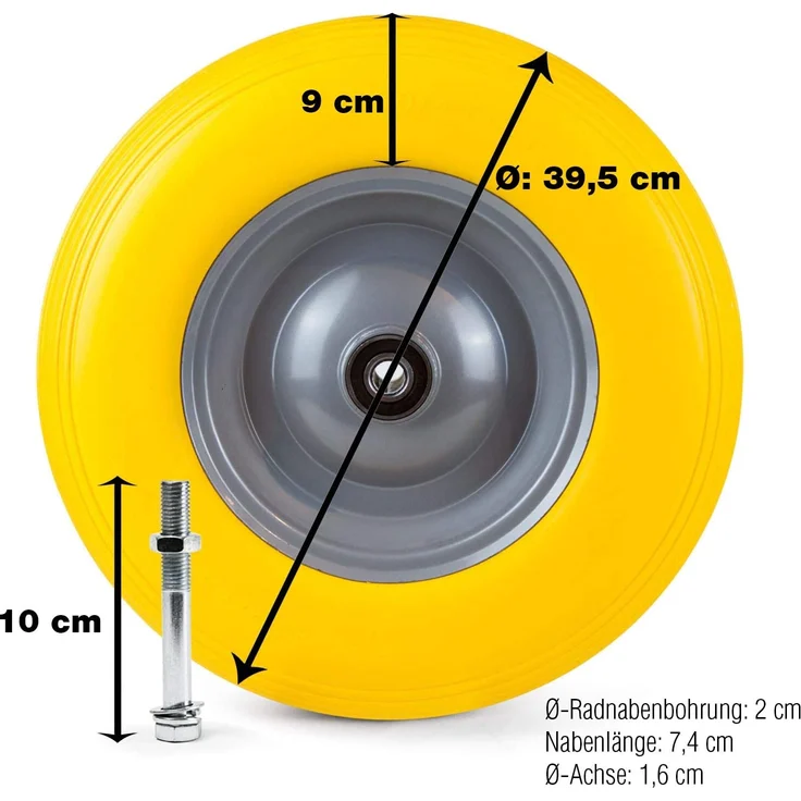 Grafner Schubkarrenrad pannensicher Vollgummi, 4.80/4.00-8 Ø 390mm, Stahlfelge, 180 kg Traglast, inkl. Achse, Schubkarren Ersatzrad PU Reifen – Bild 3
