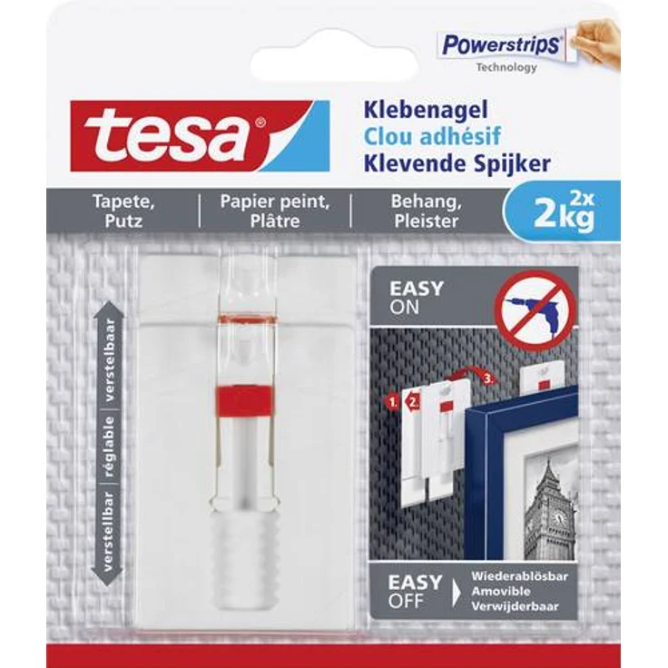 tesa 77777-00000-00 Tapete & Putz bis 2kg Verstellbarer Klebenagel für Tapeten und Putz-Selbstklebender Nagel Powerstrips - 2 x 2 kg Halteleistung, Weiß, 2 kg, 2 Stück – Bild 1