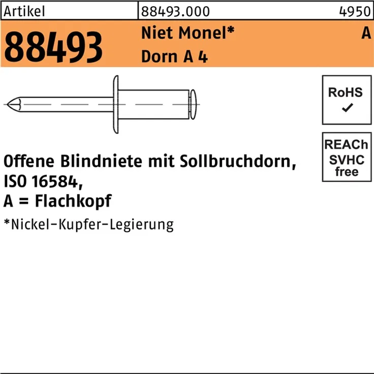 DIVERSE Blindniete R 88493 Flachkopf 3,2 x 8 Niet Monel-Dorn A 4