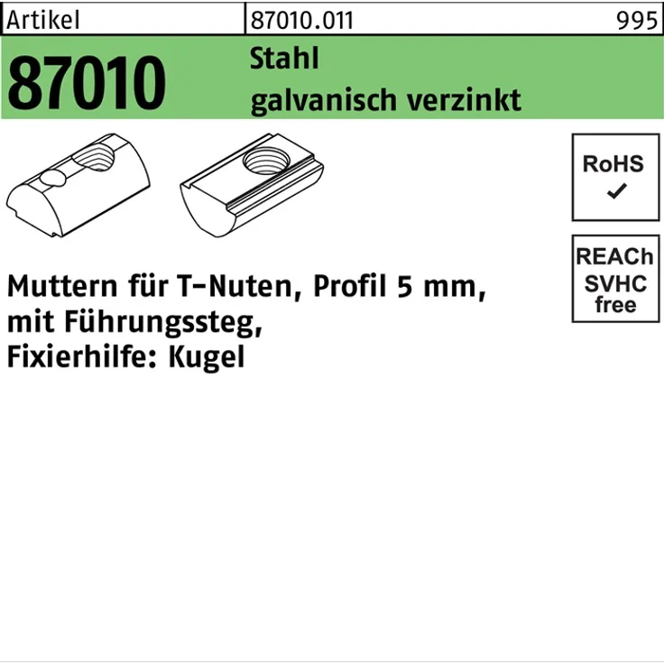 DIVERSE T-Nutenmutter R 87010 m.Führungssteg 5mm M 5 Stahl galvanisch verzinkt