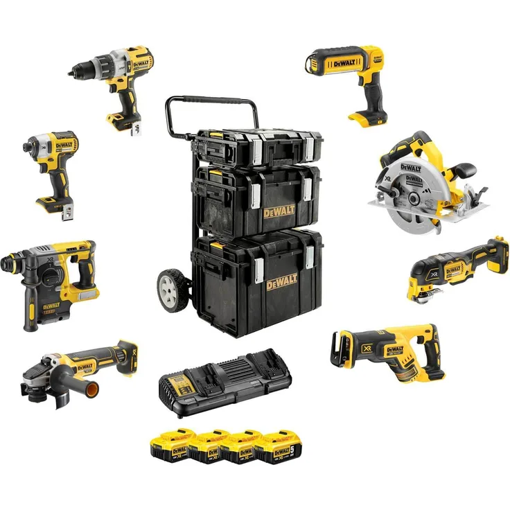 DeWalt DCK853P4 18 V, 5.0 Ah Profi Kombo-Pack (bestehend aus: Schlagbohrschrauber, Schlagschrauber, Kombi-Hammer, Winkelschleifer, Säbelsäge, Multi-Tool, Handkreissäge, LED-Leuchte, 4x Akkus, Tough-System), 18 V
