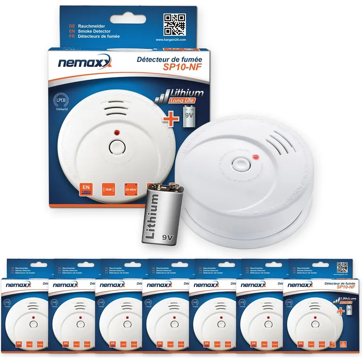 7X Nemaxx SP10-NF Rauchwarnmelder - langlebiger Rauchmelder mit 9V Lithiumbatterie DIN EN14604