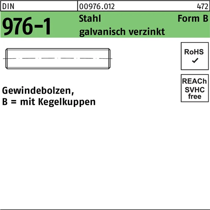 DIVERSE Gewindebolzen DIN 976 m.Kegelkuppen BM 10 x 250 Stahl galvanisch verzinkt