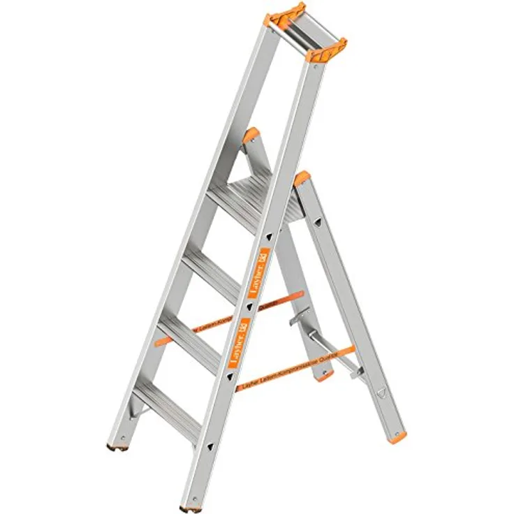 Layher 1064004 Stufenstehleiter einseitig begehbar Topic mit 4 Breiten Stufen, Aluminiumleiter klappbar mit Podest, Länge 1.70 m