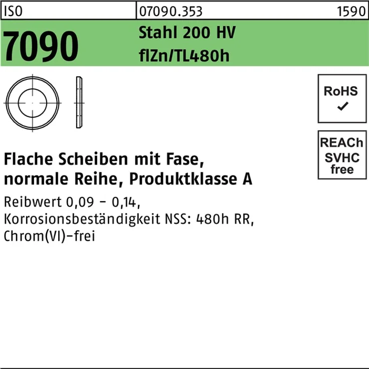 DIVERSE Unterlegscheibe ISO 7090 m.Fase 14 St. 200 HV zinkbes Gleitm. flZnnc 480h-L