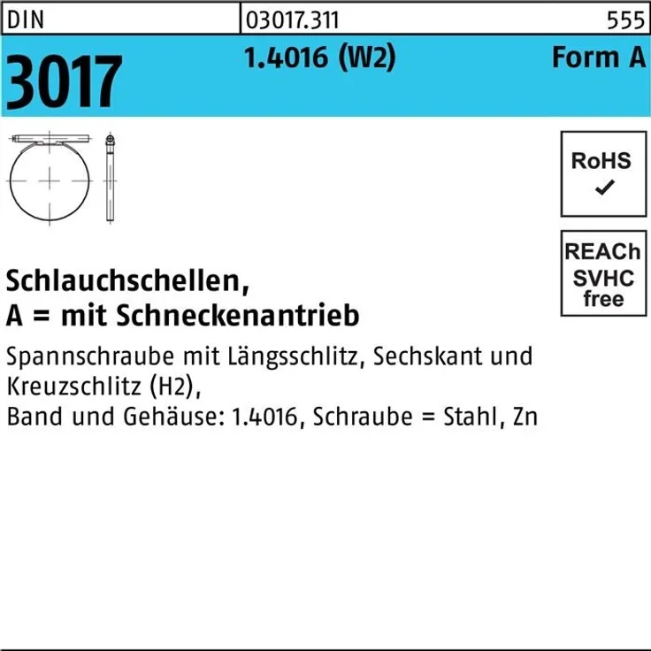 Schlauchschelle DIN 3017 W2 32- 50- 9 C7 1.4016 (W2) galvanisch verzinkt Bewässerungszubehör