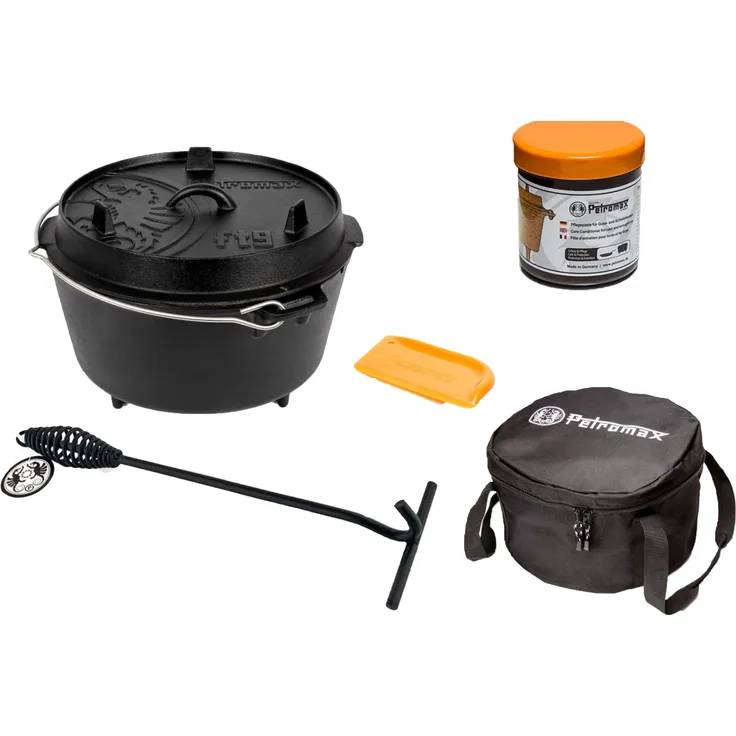 Petromax Feuertopf Starterset ft9 (Dutch Oven mit Standfüssen) inkl. Deckelheber  Tasche  Pflegepaste  Schaber