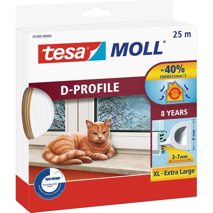 tesa H0538900 05389–00000–00 Moll D Zugluftstopper für Türen und Fenster, weiß, 25 m x 9 mm, 25m x 9mm white