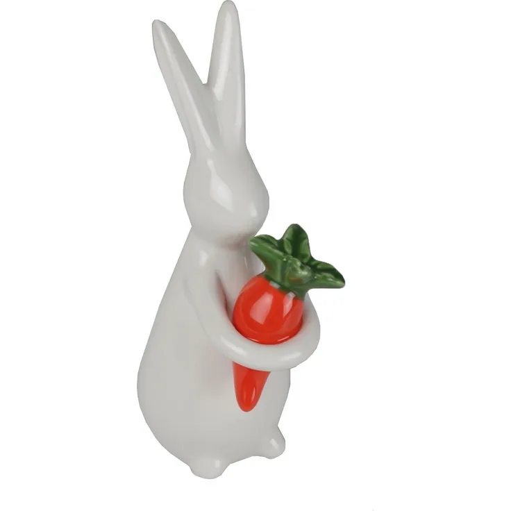 Hase Fritz mit Karotte Keramik weiß 17,5cm Dekohase Osterdekoration Keramikfigur