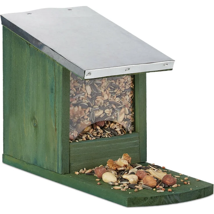 Relaxdays - Eichhörnchen Futterhaus, Holz Futterstation, wetterfest, Metalldach, Eichhörnchenhaus zum Stellen, dunkelgrün – Bild 1