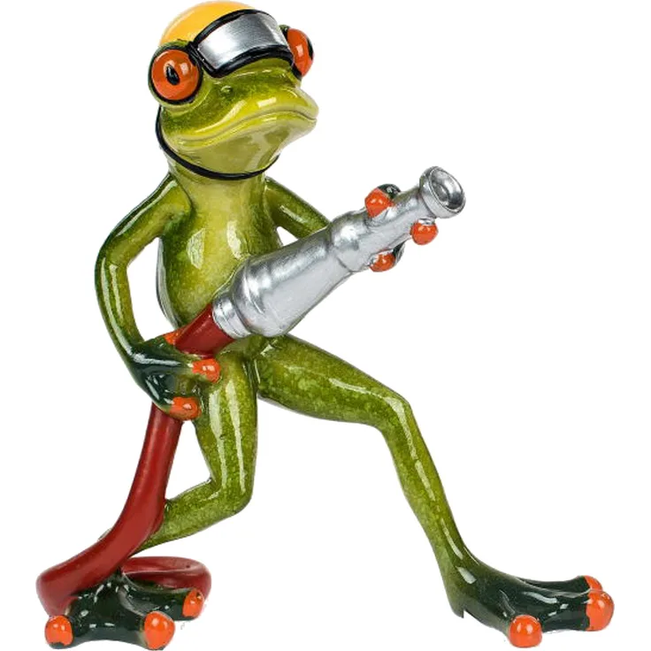 Dekofigur lustiger Feuerwehrfrosch mit Schlauch, hellgrün, 14 cm