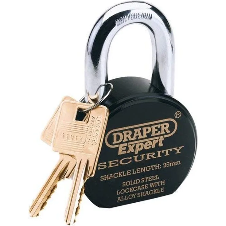 DRAPER EXPERT 63MM HEAVY DUTY ELECTRIC überzogenem Edelstahl PADLOCK & 2 Schlüssel mit Super Tough-Molybdän-Stahl 25 mm lang und mit austauschbarer SHACKLE SIX Stiftzylinder