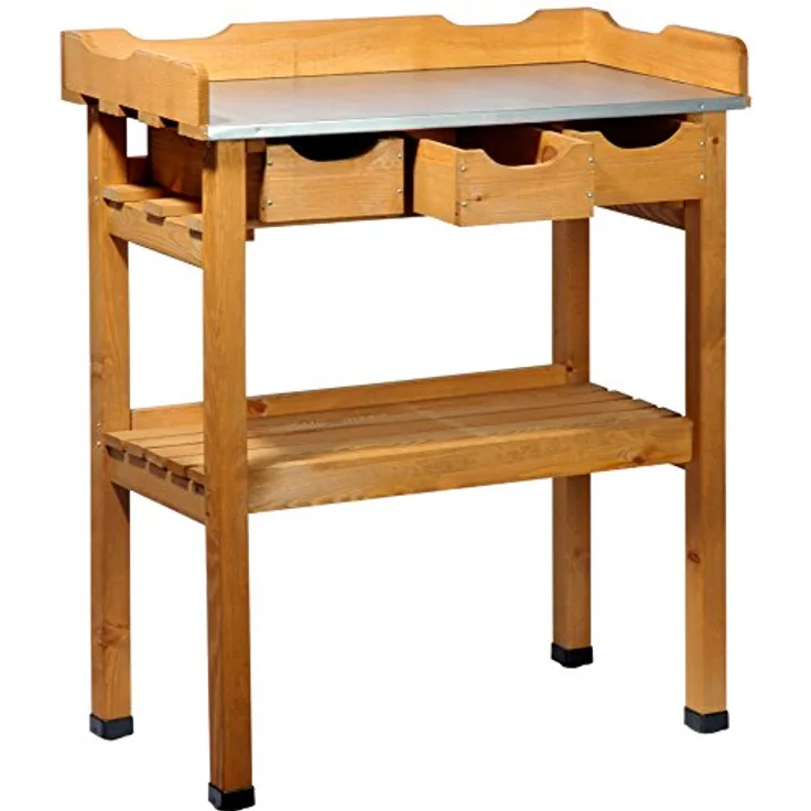 dobar 29030e Praktischer Pflanztisch mit 3 Schubladen und 2 Ablageflächen aus imprägniertem Kiefernholz, 80 x 40 x 90 cm
