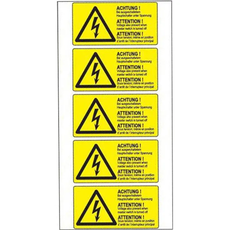 Warn-Kombischild Bei ausgeschaltetem Hauptschalter unter Spannung Folie selbstklebend 5St.