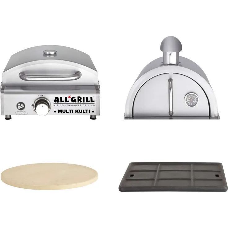 Allgrill MULTI-KULTI Set 4 zündgesichert - Gasgrill Pizzahaube Pizzastein Gussgrillplatte