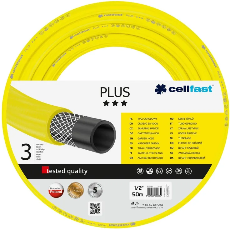 Cellfast Gartenschlauch PLUS 3-lagiger Wasserschlauch mit dauerhafter Verstärkung aus Garn höchster Qualität, beständig gg. UV-Strahlen und Algenablagerungen, 25 bar Berstdruck, 50m, 1/2 Zoll, 10-201