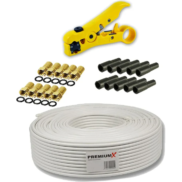 PremiumX 50m 130dB Koax SAT TV Antennen Koaxial Kabel Set inkl. Abisolierer Abisolierzange Abisolierwerkzeug  10x F-Stecker 7,5mm in Farbe 'GOLD'  10x Gummitülle Wetterschutz