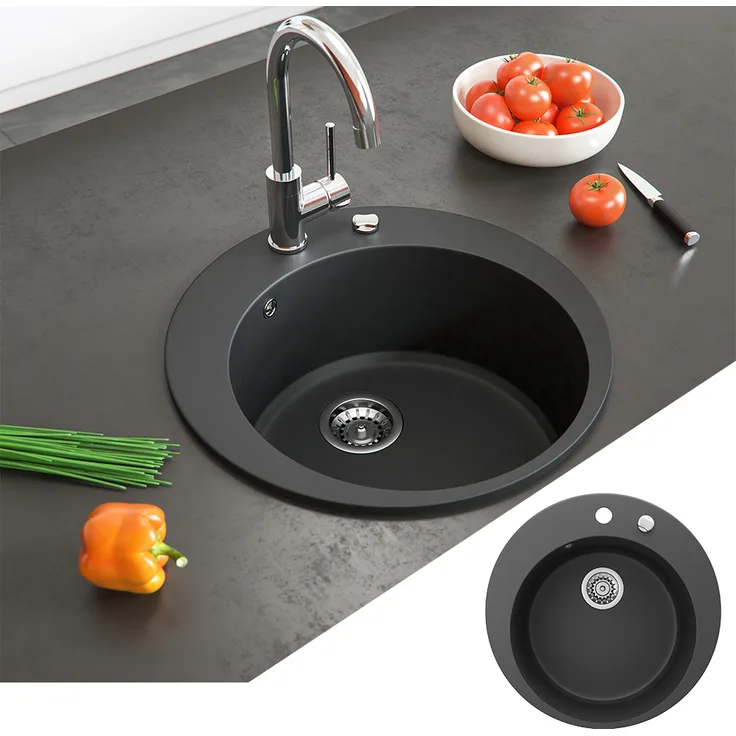 Bergström Granit Spüle Küchenspüle Einbauspüle Spülbecken+Drehexcenter+Siphon Schwarz