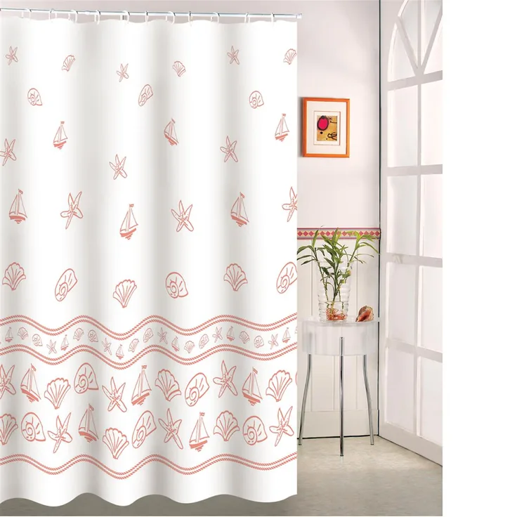 MSV Duschvorhang 140113 - Anti-Bakteriell, waschbar, wasserdicht, mit 12 Duschvorhangringen - Polyester, Muscheln“ 180x200cm