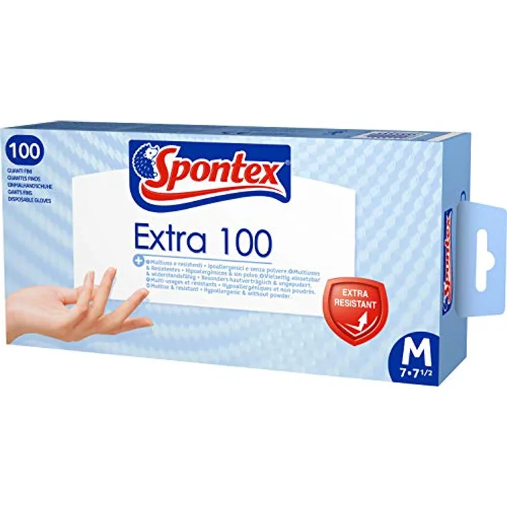 Spontex Extra 100 Einmalhandschuhe (aus Vinyl, ungepudert, besonders hautverträglich und reißfest) Größe M (1 x 100 Stück)