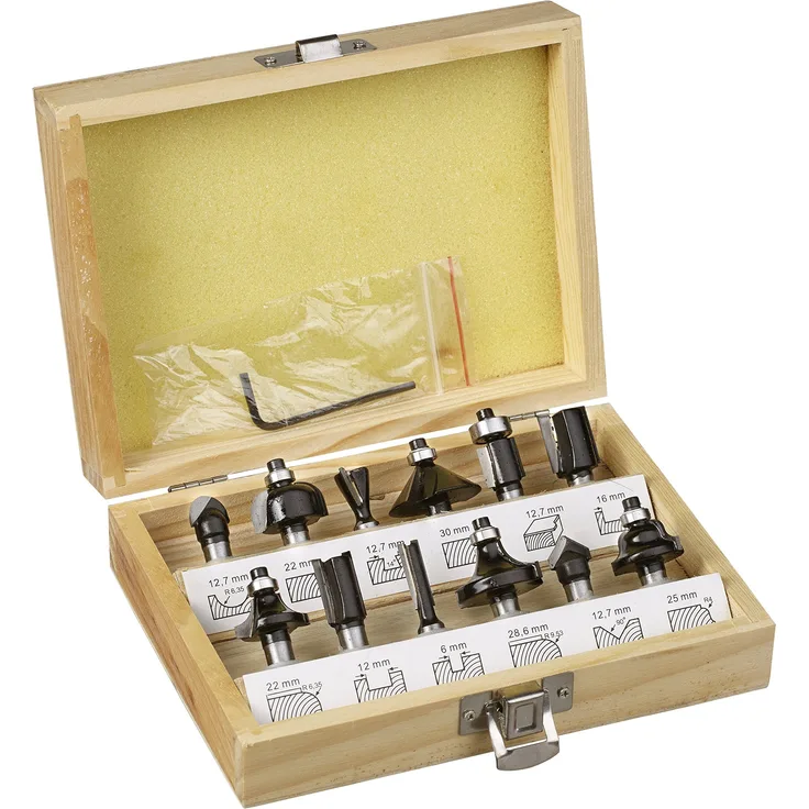 kwb Oberfräsen-Set, 12-teilig, (V-Nutfräser, Hohlkehlfräser u.v.m.) Hartmetall-bestückt, Anlaufkugellager inkl. Sechskant-Schlüssel und Holz-Koffer