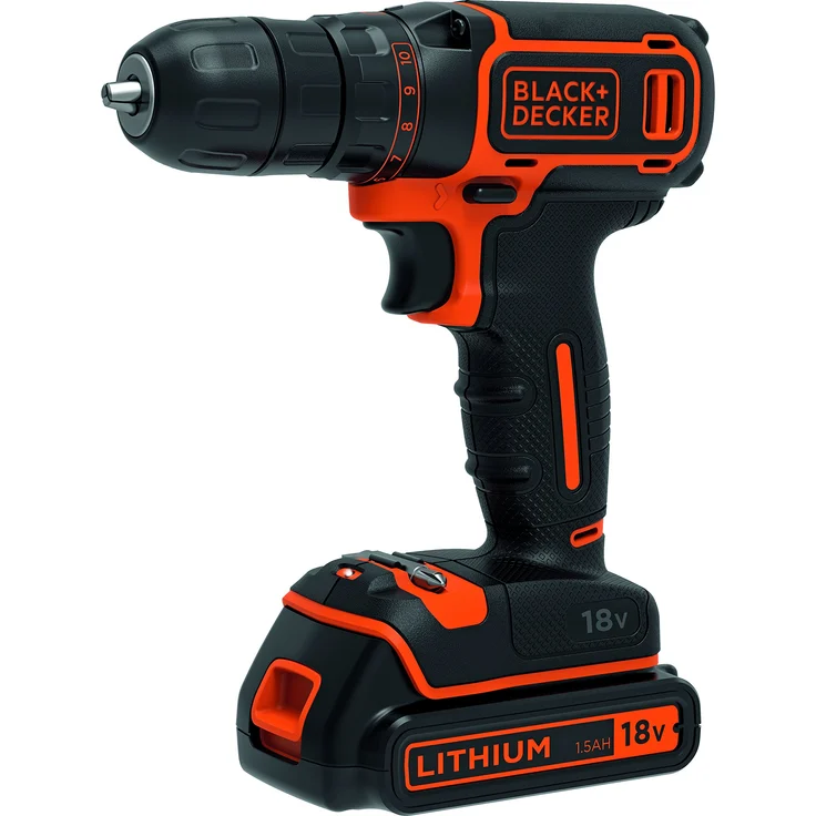 Black + Decker BDCDC18-QW Bohrschrauber (18V, 1.5 Ah, Planetengetriebe, LED-Arbeitsleuchte, Softgriff, 1x Li-Ion Schiebe-Akku, 200 mA Ladegerät, Doppelbit), 18 V, Schwarz, Orange – Bild 1