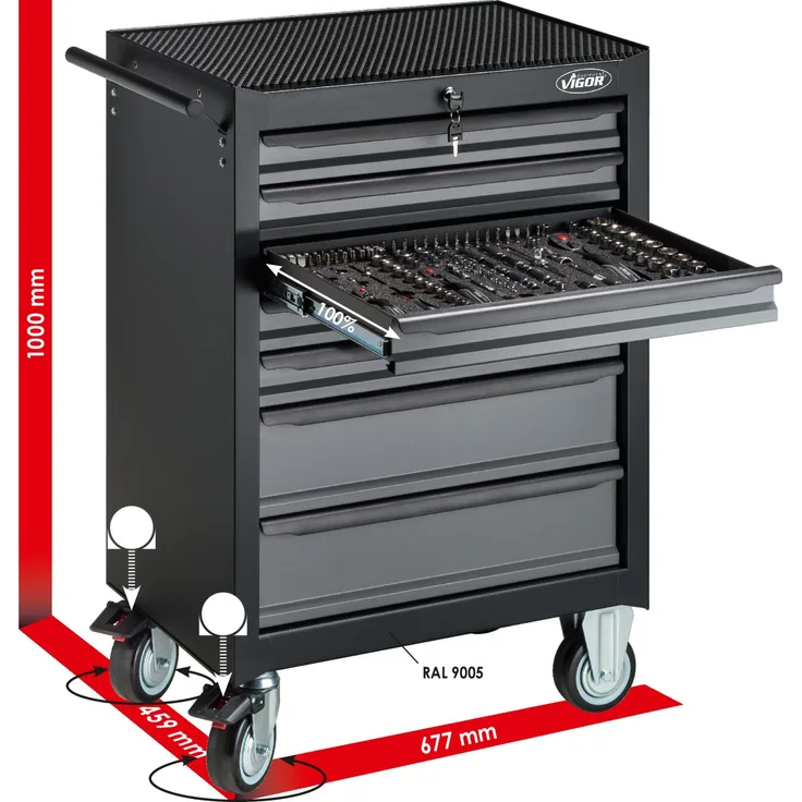 Vigor Werkzeugwagen unbestückt 7 Schubladen 677 x 459 x 1000 mm Zentralverriegelung 61 kg Werkstattwagen (V5489)