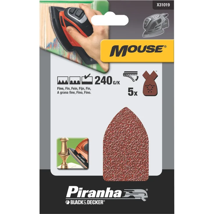 Piranha Mouse Schleifpapier, Körnung 240 (fein gekörnt, mit Klett-Fix, passend für Kompakt-Mouse) 5 Stück, X31019