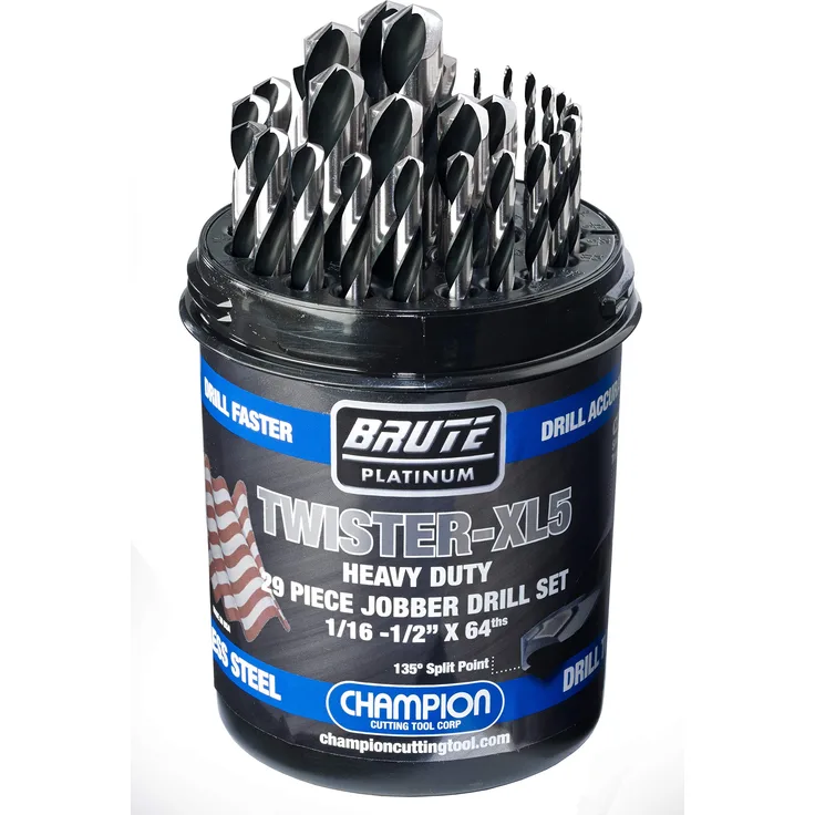 Champion Schneidewerkzeug Brute Platinum Twister-XL5, 29-teilig, 1/16-1/2 Zoll x 64theit, HSS-Bohrer-Set, 135 Grad, Split Point, wasserabweisend, hergestellt in den USA