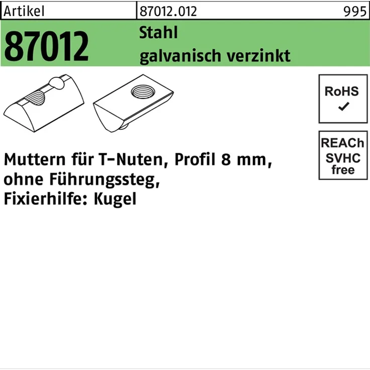 DIVERSE T-Nutenmutter R 87012 o.Führungssteg 8mm M 6 Stahl galvanisch verzinkt