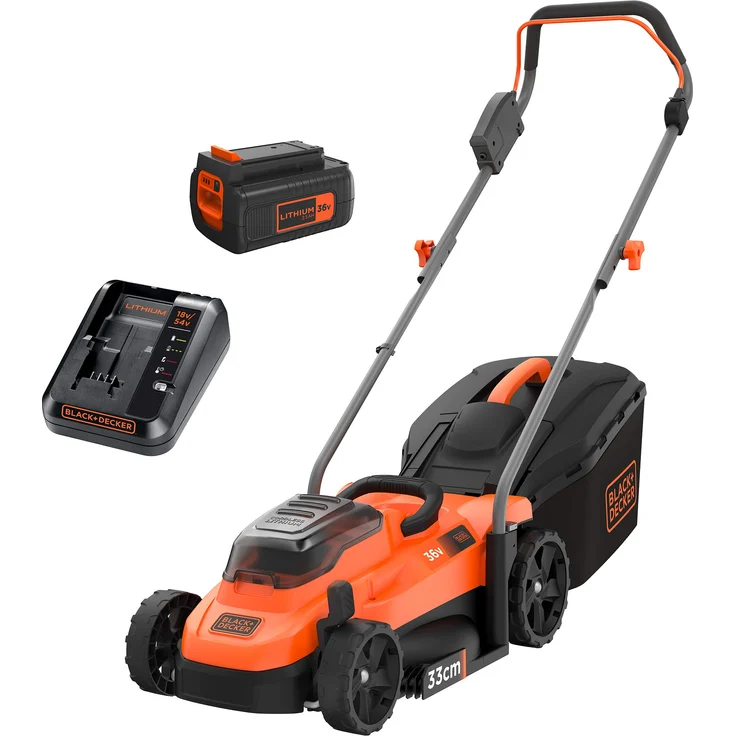 Black+Decker Akku-Rasenmäher BCMW3336L1 (36V, 2.5Ah, 33 cm Schnittbreite, für mittlere Rasenflächen bis 250 m², 5-fache Höhenverstellung, inkl. 1 Akku, Ladegerät, 35l Fangkorb), Orange-Schwarz - BCMW3336L1-QW – Bild 1