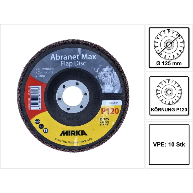 Mirka Abranet Max Flap disc T29 125 mm 22 mm ALOX 120 10 Stück ( 10x 8896700112 ) Fächerscheibe für Aluminium, Verbundstoffe, Lack