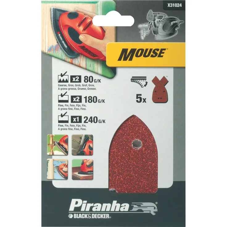 Piranha Mouse Schleifpapier Sortiment (Körnung je 2x 80 / 180 / 1x 240, KlettFix, 5 Stück) X31024