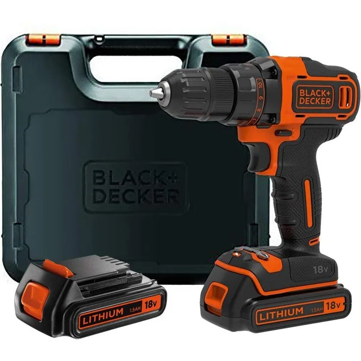Black+Decker Akku-Bohrschrauber (mit 2-Gang Getriebe, 18V, 1,5Ah, inklusive 2 Akkus und 400mA Ladegerät im Koffer, mit Doppelbit, LED-Arbeitslicht, Anti-Rutsch Softgriff) BDCDD186K