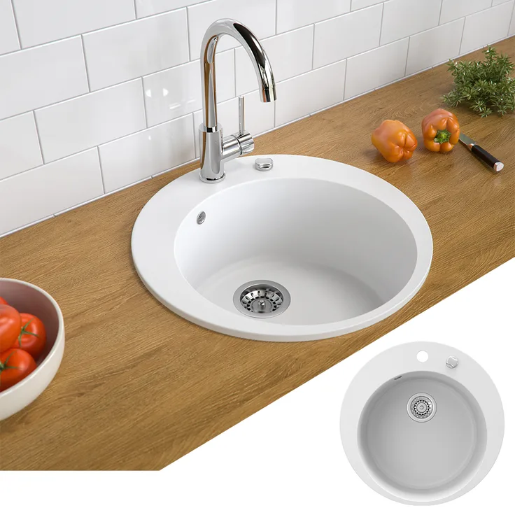 Bergström Granit Spüle Küchenspüle Einbauspüle Spülbecken+Drehexcenter+Siphon Weiß