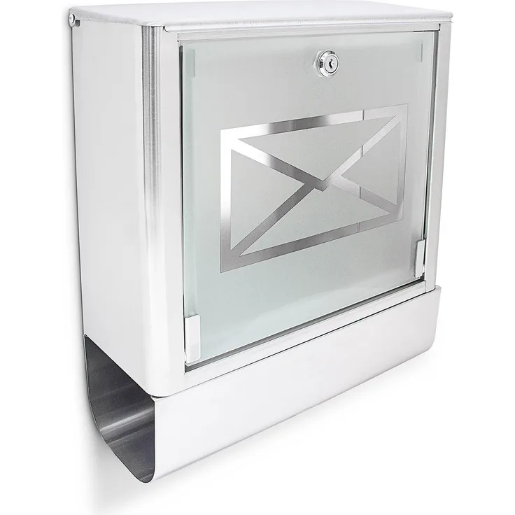 Relaxdays Briefkasten mit Zeitungsfach, Postkasten aus Edelstahl und Glas, Mit Motiv, HBT: ca. 40 x 35 x 14 cm, silber - grau