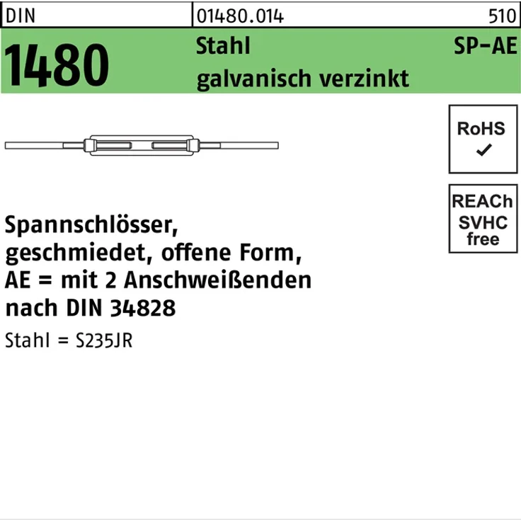 Reyher Spannschloss DIN 1480 offen m.2Anschweißenden SP-AE M 42 Stahl 3.6 galvanisch verzinkt galvanisch verzinkt