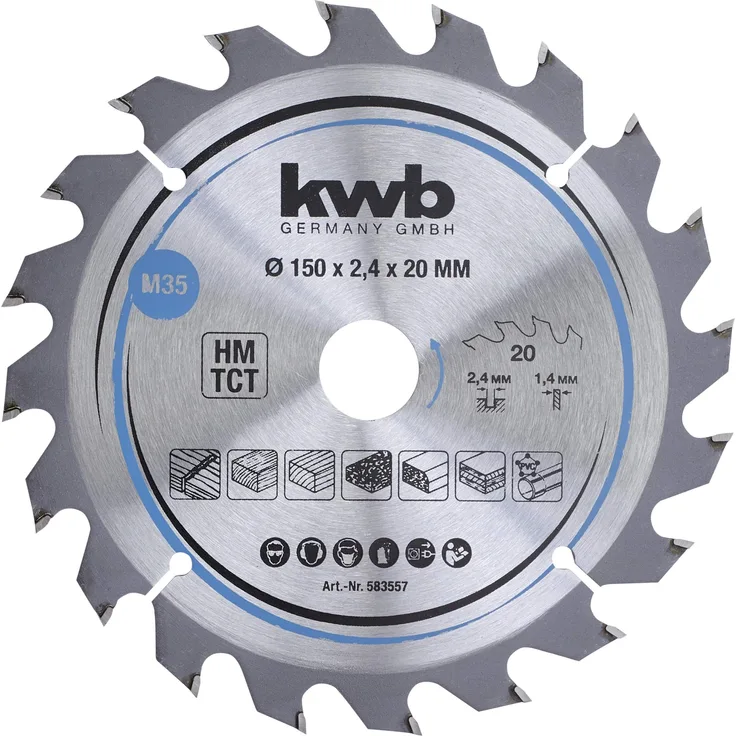kwb 583557 Span-Platten Kreissäge-Blatt, Holz--Hartholz, 150 x 20 mm, saubere Schnitte, mittlere Zahl, 20 Zähne Z-20, CleanCut Sägeblatt mittel, 150 x 20