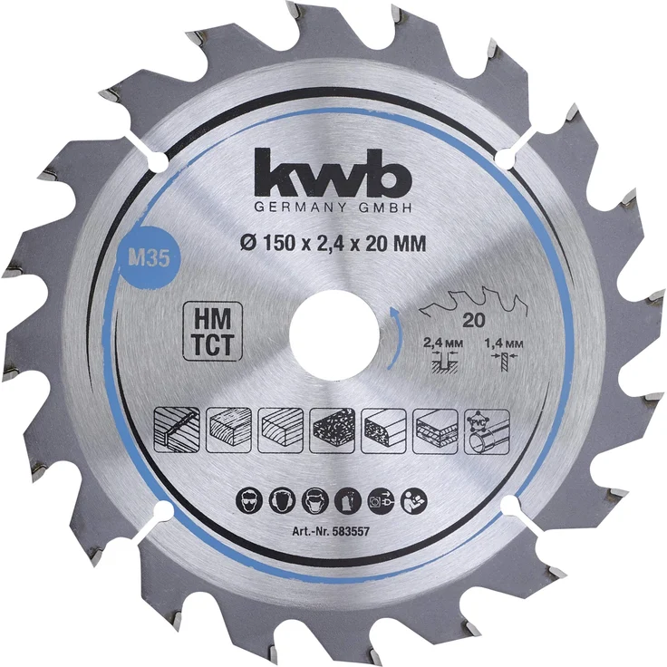 kwb 583557 Span-Platten Kreissäge-Blatt, Holz--Hartholz, 150 x 20 mm, saubere Schnitte, mittlere Zahl, 20 Zähne Z-20, CleanCut Sägeblatt mittel, 150 x 20 – Bild 1
