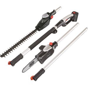 Bild für Scheppach Akku Teleskop Heckenschere und Hochentaster MGT 410 (18V 1,5 Ah, Schnelladegerät, Schnittläge Kettensäge 203mm- Heckenschere 410mm, inkl. Akku und Ladegerät, Teleskopstange)