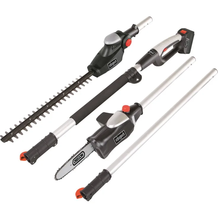 Scheppach Akku Teleskop Heckenschere und Hochentaster MGT 410 (18V 1,5 Ah, Schnelladegerät, Schnittläge Kettensäge 203mm- Heckenschere 410mm, inkl. Akku und Ladegerät, Teleskopstange)